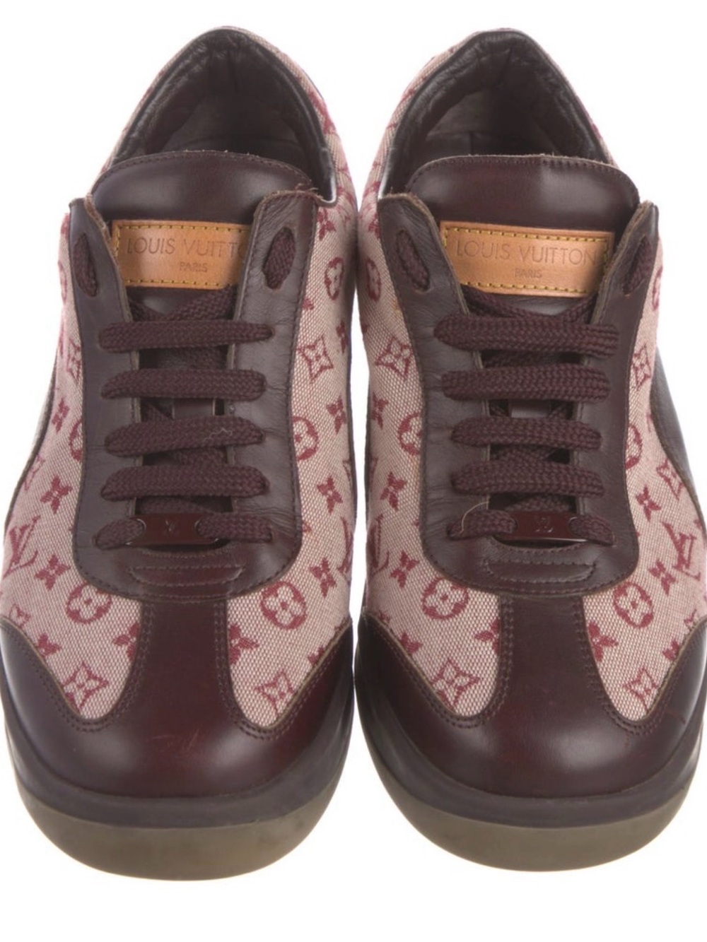 Louis Vuitton womens Monogram Canvas & Burgundy Leather Sneakers